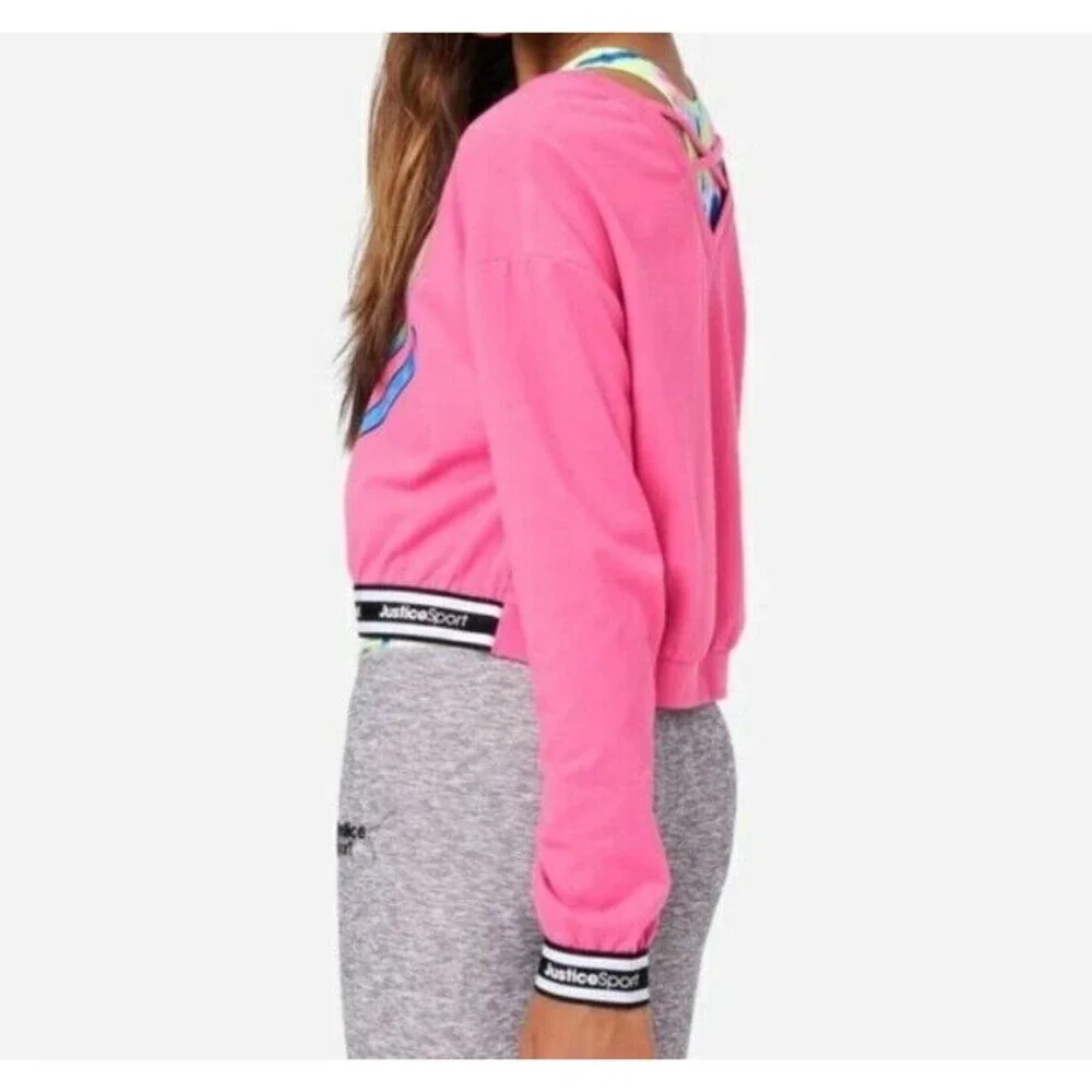 Justice Sweatshirt For Girls Pink Size XL Crop Logo Graphic with Tie Dye Bra
